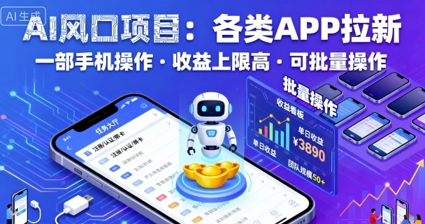 AI风口项目,各类APP拉新,一部手机就可以操作,收益上限高,可批量操作-云网创