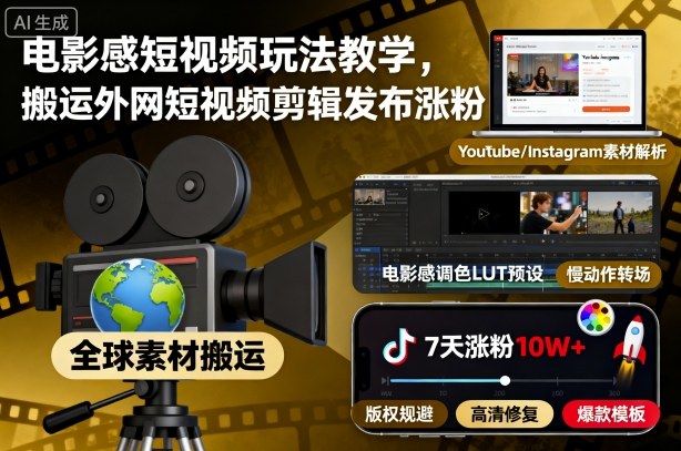 电影感短视频玩法教学,搬运外网短视频剪辑发布涨粉-云网创