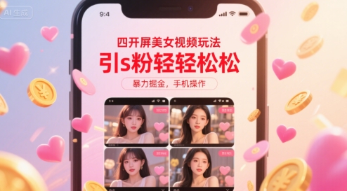 四开屏美女视频玩法，引s粉轻轻松松，暴力掘金，手机操作【揭秘】-云网创