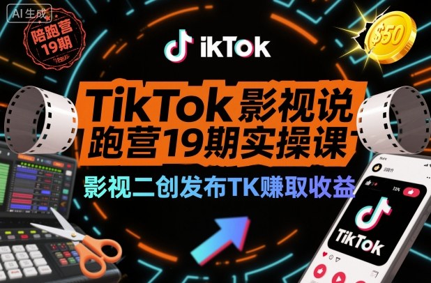 TikTok影视解说陪跑营19期实操课，影视二创发布TK賺取收益，万播收益50美金（更新）-云网创