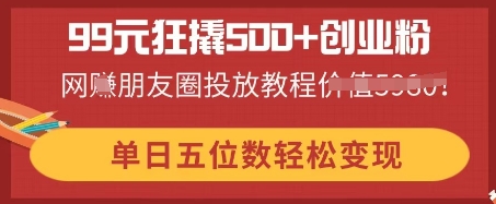 99元狂撬500+创业粉，单日五位数轻松变现，网创朋友圈投放教程-云网创
