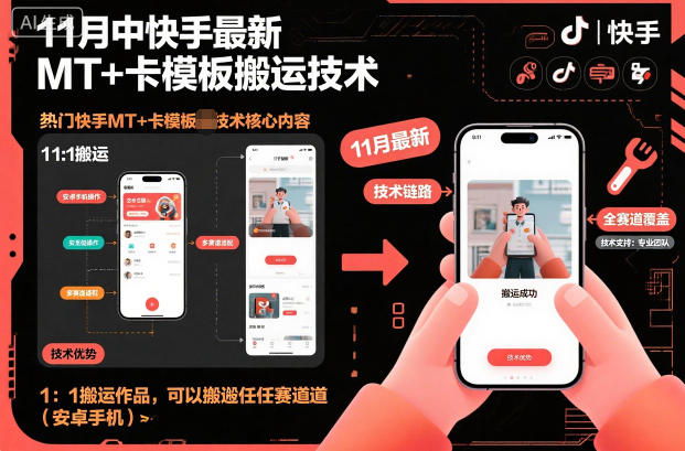 11月中快手最新MT+卡模板搬运技术,1:1搬运作品,可以搬运任何赛道(安卓手机)-云网创