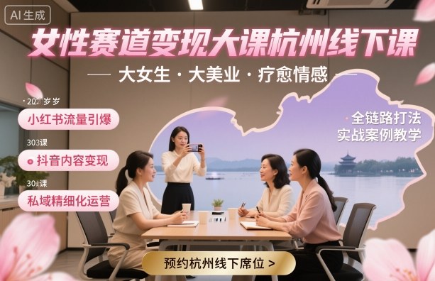 女性赛道变现大课杭州线下,大女生,大美业,疗愈情感,一套小红书、抖音、私域全链路打法-云网创