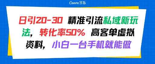 日引 20-30 精准引流私域新玩法,转化率50% 高客单虚拟资料,小白一台手机就能做-云网创