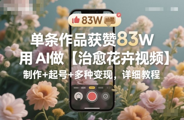 单条作品获赞83W，用AI做【治愈花卉视频】，制作+起号+多种变现，详细教程-云网创