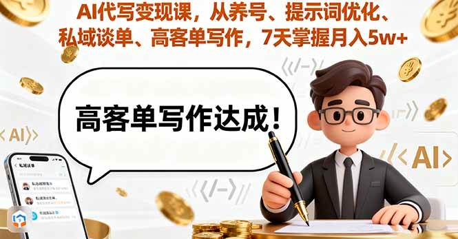 (16084期)AI代写变现课,从养号、提示词优化、私域谈单、高客单写作,7天掌握月入5w-云网创
