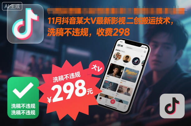 11月抖音某大V最新影视二创搬运技术，洗稿不违规，收费298-云网创