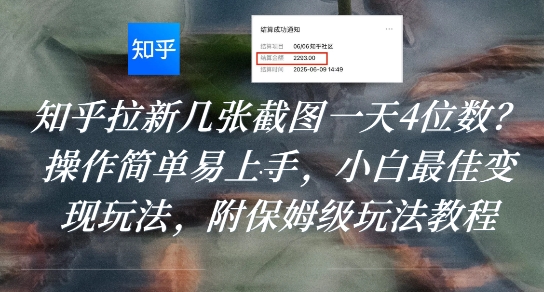 知乎拉新几张截图一天4位数？操作简单易上手，小白最佳变现玩法，附保姆级玩法教程-云网创