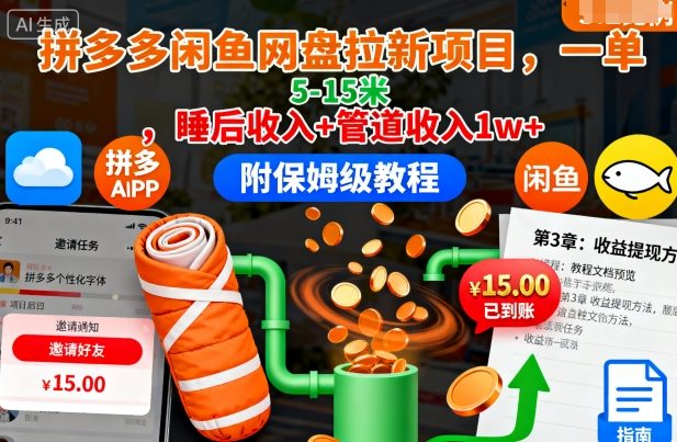 拼多多闲鱼网盘拉新项目,一单5-15米,睡后收入+管道收入1w+(附保姆级教程)-云网创