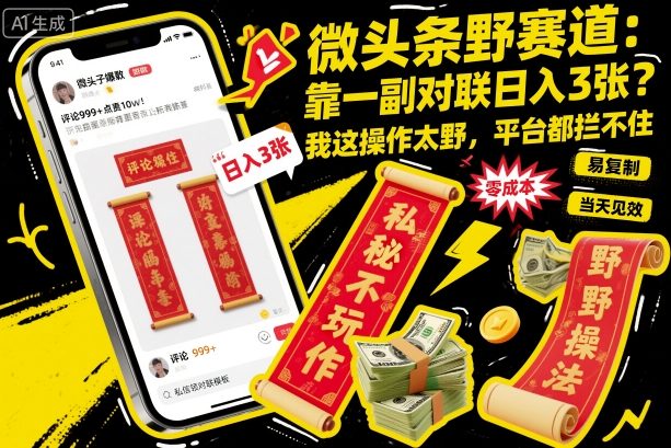 微头条野赛道,靠一副对联日入3张?我这操作太野,平台都拦不住!-云网创