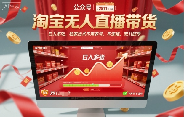 淘宝无人直播带货，日入多张，独家技术不用养号，不违规，双11旺季-云网创