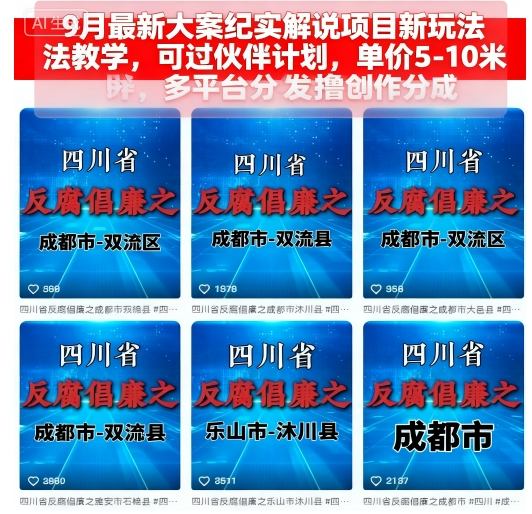 9月最新大案纪实解说项目新玩法教学,可过伙伴计划,单价5-10米,多平台分发撸创作分成-云网创