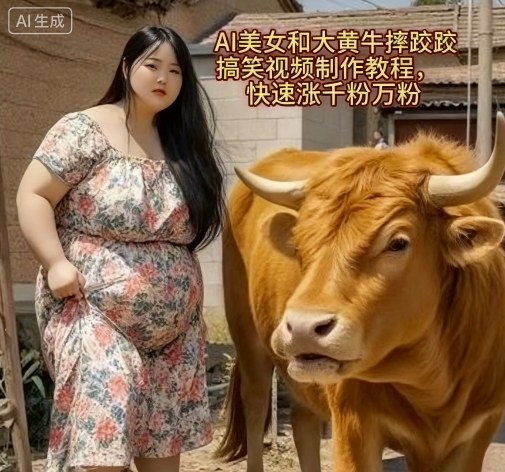 AI美女和大黄牛摔跤搞笑荒诞视频制作教程,快速涨千粉万粉-云网创