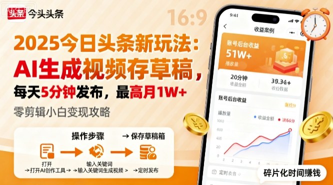 2025年今日头条躺賺新玩法,AI生成视频存草稿,每天5分钟发布,最高月1W+【揭秘】-云网创