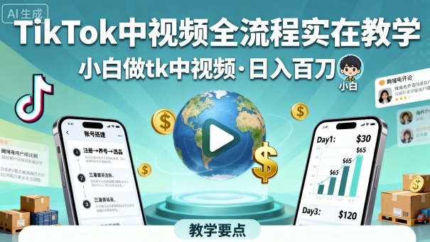 TikTok中视频全流程实操教学,小白做tk中视频,日入百刀-云网创