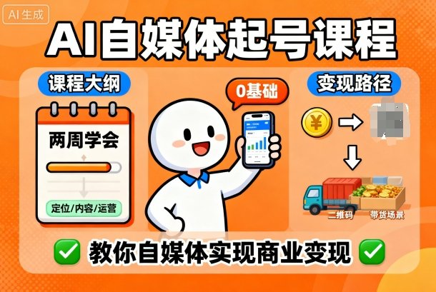 AI自媒体起号课程，0基础小白两周学会，教你自媒体实现商业变现-云网创