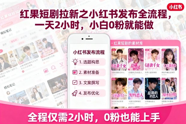 红果短剧拉新之小红书发布全流程，一天2小时，小白0粉就能做-云网创