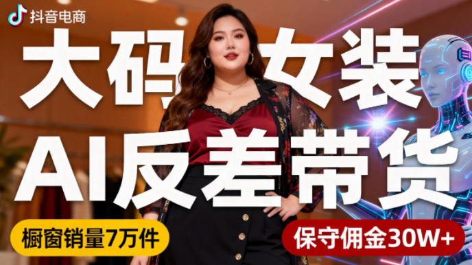抖音小众赛道,大码女装AI反差带货,不用直播,每天6条作品,橱窗卖7万件,保守佣金30W+-云网创