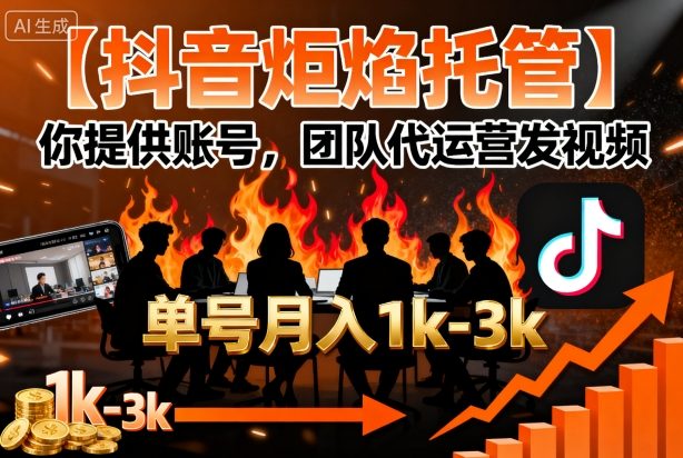 【抖音炬焰托管】你提供账号，团队代运营发视频，单号月入1k+【揭秘】-云网创