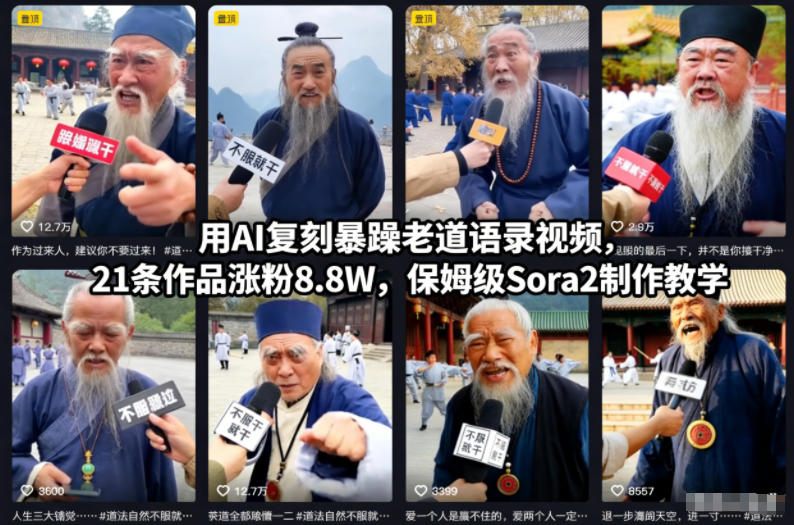 用AI复刻暴躁老道语录视频，21条作品涨粉8.8W，保姆级Sora2制作教学-云网创