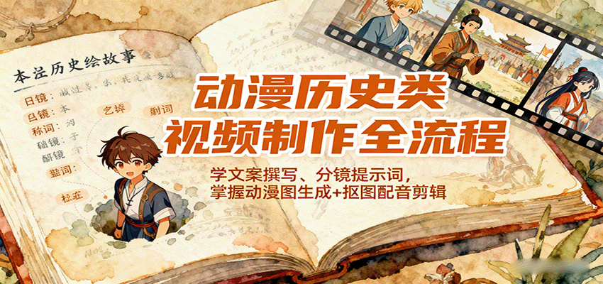 动漫历史类视频制作全流程,学文案撰写、分镜提示词,掌握动漫图生成+抠图配音剪辑-云网创