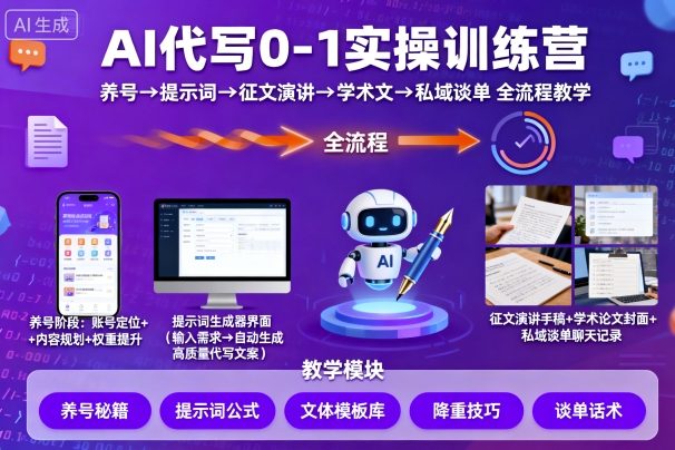 AI代写0-1实操训练营,从养号、提示词、征文演讲、学术文,到私域谈单的全流程教学-云网创