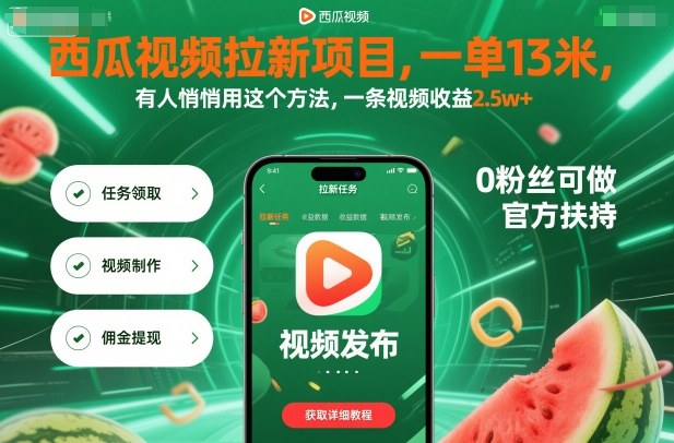 西瓜视频拉新项目,一单13米,有人悄悄用这个方法,一条视频收益2.5w+(附详细教程)-云网创