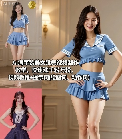 AI海军装美女跳舞视频制作教学，快速涨千粉万粉，视频教程+提示词(绘图词、动作词)-云网创