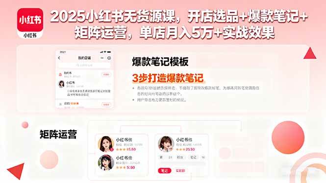 (16024期)2025小红书无货源课,开店选品+爆款笔记+矩阵运营,单店月入5万+实战效果-云网创