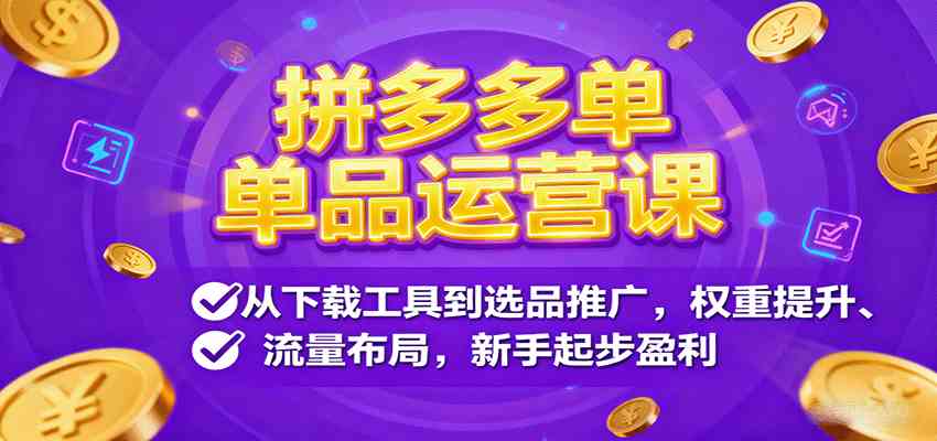 拼多多单品运营课,从下载工具到选品推广,权重提升、流量布局,新手起步盈利-云网创