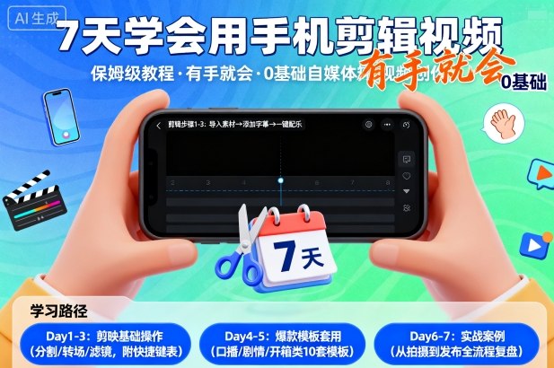 7天学会用手机剪辑视,保姆级教程,有手就会,0基础自媒体短视频创作教程-云网创