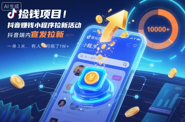 捡钱项目！抖音賺钱小程序拉新活动，抖音端内宣发拉新，一单3米，有人半个月搞了1W+-云网创