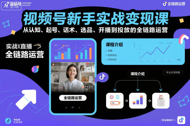 视频号新手实战变现课，从认知、起号、话术、选品、开播到投放的全链路运营-云网创