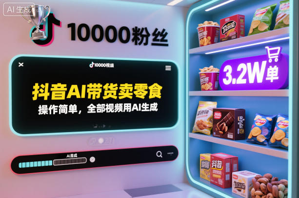 抖音AI带货卖零食，操作简单，全部视频用AI生成，一万粉丝，卖了3.2W单-云网创