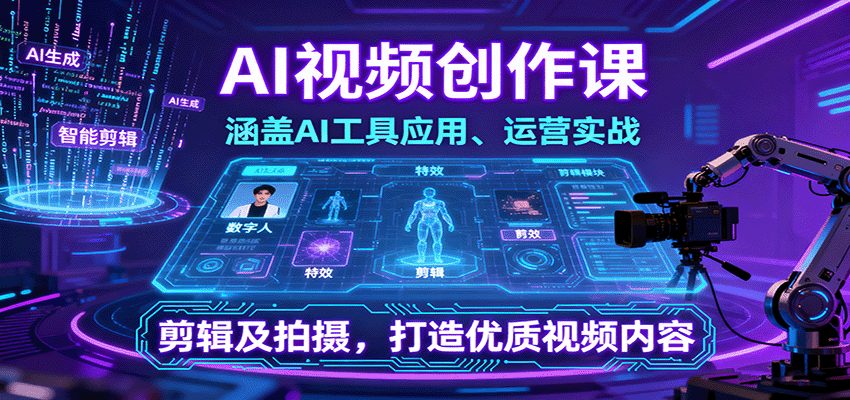 AI视频创作课,涵盖AI工具应用、运营实战、剪辑及拍摄,打造优质视频内容-云网创