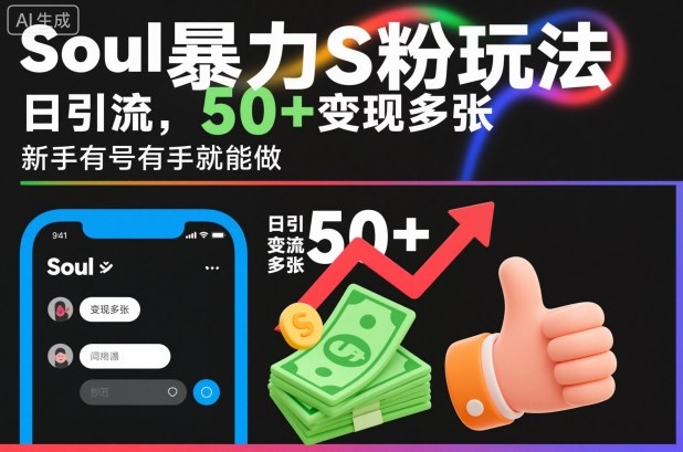 soul暴力S粉玩法,日引流50+变现多张,新手有号有手就能做-云网创