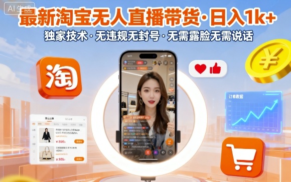 最新淘宝无人直播带货，日入1k+，独家技术，无违规无封号，无需露脸无需说话【揭秘】-云网创