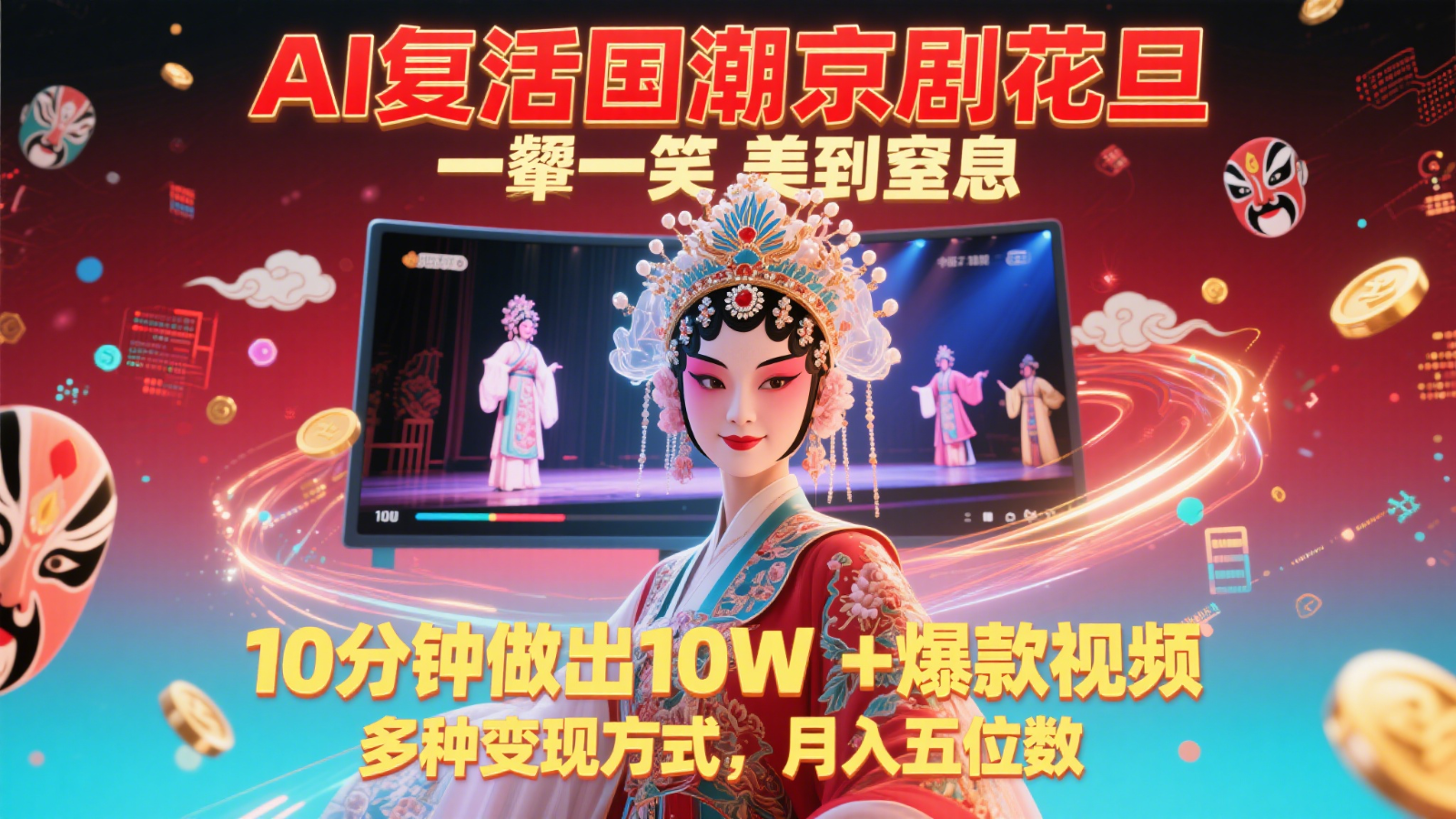 AI复活国潮京剧花旦,一颦一笑美到窒息,10分钟做出10W+爆款视频,多种变现方式,…-云网创