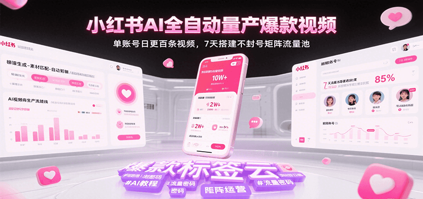 小红书AI全自动量产爆款视频,单账号日更百条视频,7天搭建不封号矩阵流量池-云网创