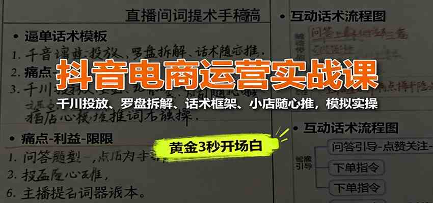 抖音电商运营实战课:千川投放、罗盘拆解、话术框架、小店随心推,模拟实操-云网创