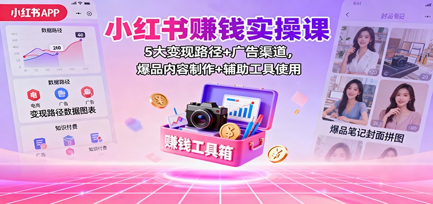 小红书赚钱实操课:5大变现路径+广告渠道,爆品内容制作+辅助工具使用-云网创