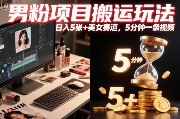 男粉项目搬运玩法,日入5张+美女赛道,5分钟一条视频-云网创