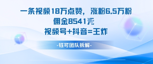 一条视频18W点赞,涨粉6.5W粉佣金8541米,视频号+抖音=王炸-云网创