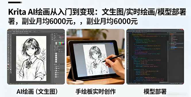 (16222期)Krita AI绘画从入门到变现:文生图/实时绘画/模型部署,副业月均6000元-云网创