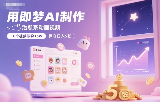 用即梦AI制作治愈系动画视频，16个视频涨粉13W，保守日入5张-云网创