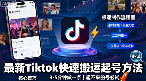 最新Tiktok快速搬运快速起号方法,3-5分钟做一条,起不来的号可以试试-云网创
