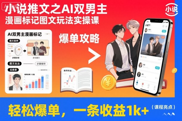 小说推文之AI双男主漫画标记图文玩法实操课,轻松爆单,一条收益1k+-云网创