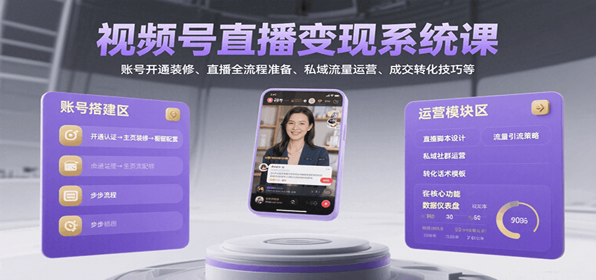 视频号直播变现系统课,账号开通装修、直播全流程准备、私域流量运营、成交转化技巧等-云网创