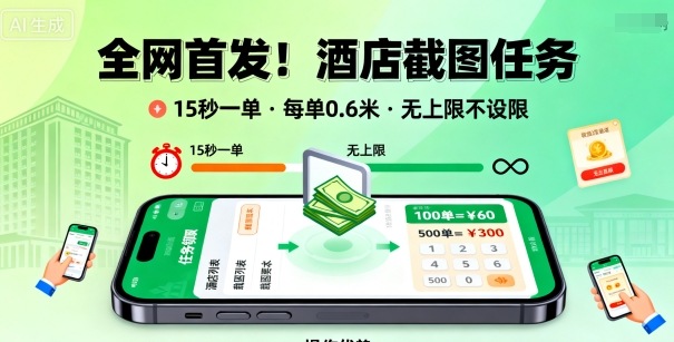 全网首发!酒店截图任务,15秒一单,每单0.6米,任务无上限不设限,矩阵操作单日3张到手【揭秘】-云网创