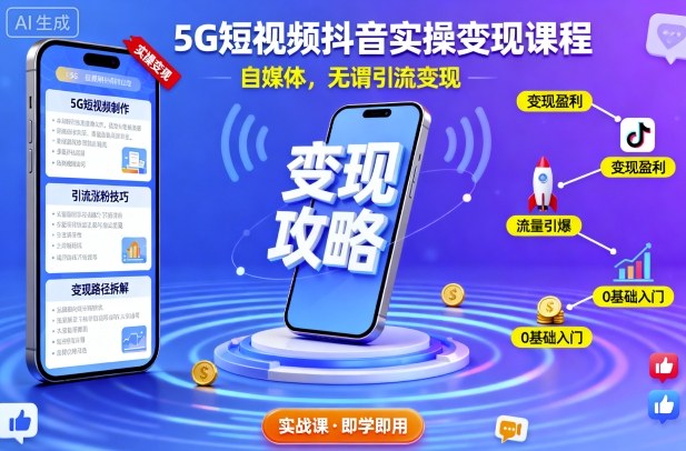 5G短视频抖音实操变现课程,自媒体,无谓引流变现-云网创